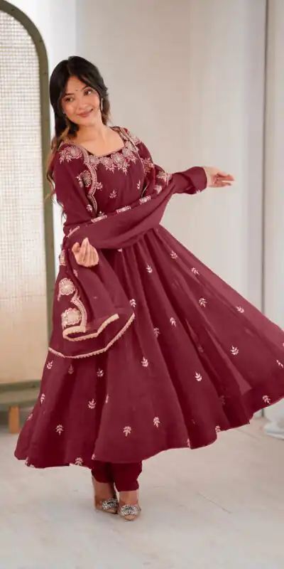 ZF 5011 Maroon Crunchy Silk Gown with Embroidery Work. Wedding, Party, Festive, Events Best Price ₹2099. Delivery 4-6 Working Days. Shop now. | Bollywood Gowns, Creative Gowns, Designer Gowns, Embroidered Gowns, Gowns, Party Wear Gowns