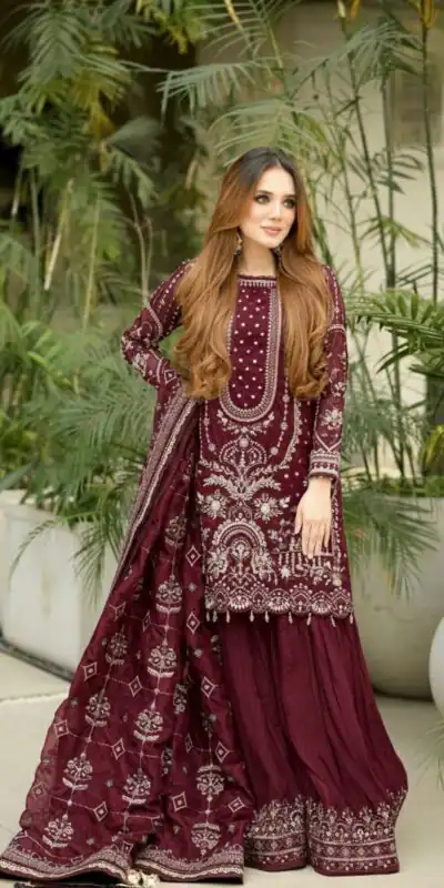 AD 213 Maroon Khajuri Crush Georgette Salwar Suit with Lace Work & Embroidery Work. Festive Deal ₹2649. Delivery 4-6 Working Days. Shop now. | Casual Suits, Jump Suits, Tops & Bottoms, Track Suits, Trendy Wear, Creative suits, Designer Suits, Palazzo Suits, Party Wear Suits, Patiala Suits, Salwar suit, Straight Suits