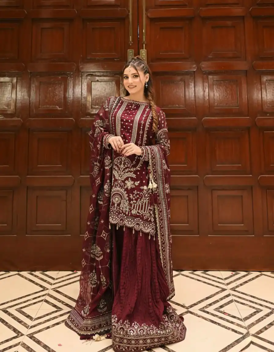 AD 213 Maroon Khajuri Crush Georgette Salwar Suit with Lace Work & Embroidery Work. Festive Deal ₹2649. Delivery 4-6 Working Days. Shop now. | Casual Suits, Jump Suits, Tops & Bottoms, Track Suits, Trendy Wear, Creative suits, Designer Suits, Palazzo Suits, Party Wear Suits, Patiala Suits, Salwar suit, Straight Suits