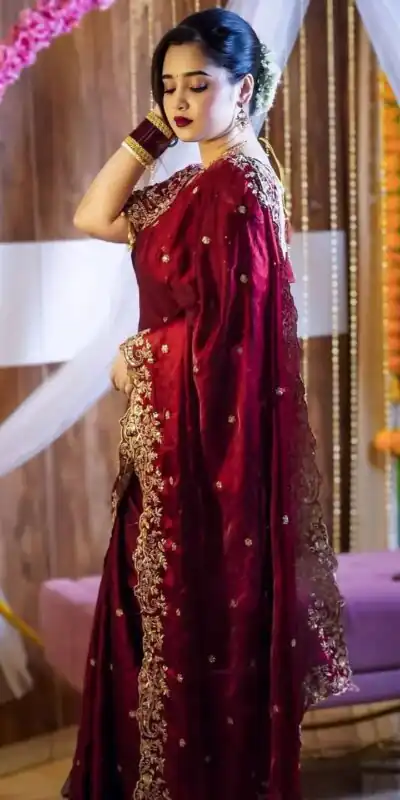 BT 3151 Maroon Fandy Satin Silk Saree with Sequins Work & Embroidery Work. Get it for ₹1949. Delivery 4-6 Working Days. Shop now. | Creative Sarees, Embroidered Sarees, Bollywood Sarees, Designer Sarees, Ethnic Saree, Modern Digital sarees, Party Wear Sarees, Sarees
