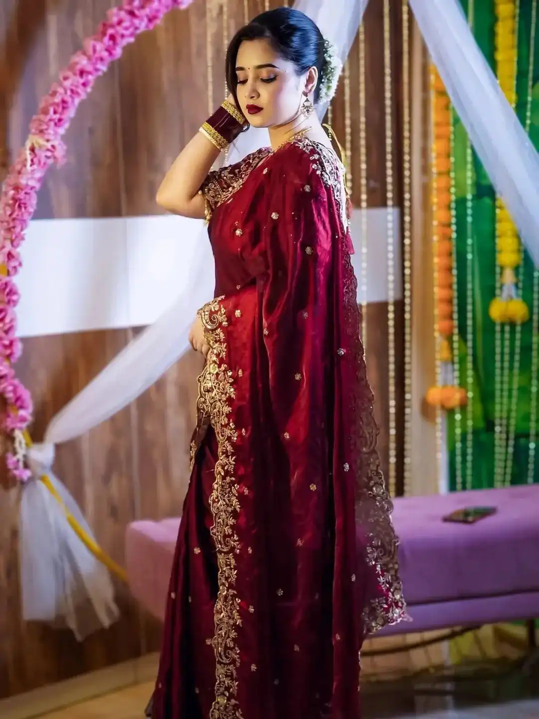 BT 3151 Maroon Fandy Satin Silk Saree with Sequins Work & Embroidery Work. Get it for ₹1949. Delivery 4-6 Working Days. Shop now. | Creative Sarees, Embroidered Sarees, Bollywood Sarees, Designer Sarees, Ethnic Saree, Modern Digital sarees, Party Wear Sarees, Sarees