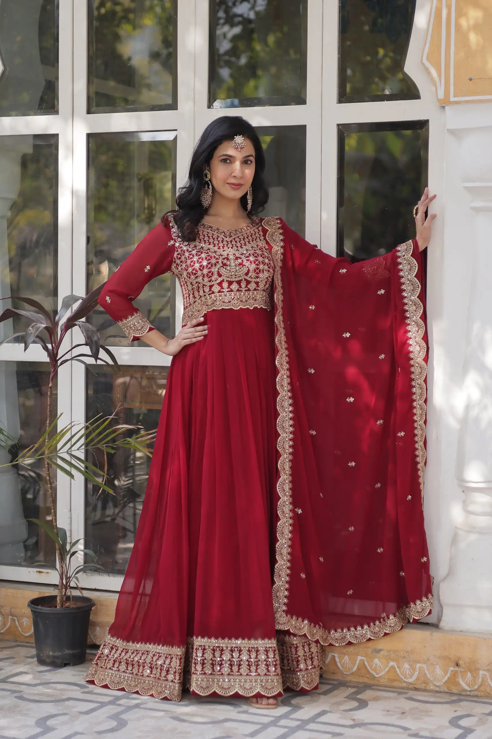 KA 1137 Maroon Faux Blooming Gown with Embroidery Work & Zari Work. Best Price ₹2599. Delivery 4-6 Working Days. Shop now. | Bollywood Gowns, Creative Gowns, Designer Gowns, Embroidered Gowns, Gowns, Party Wear Gowns