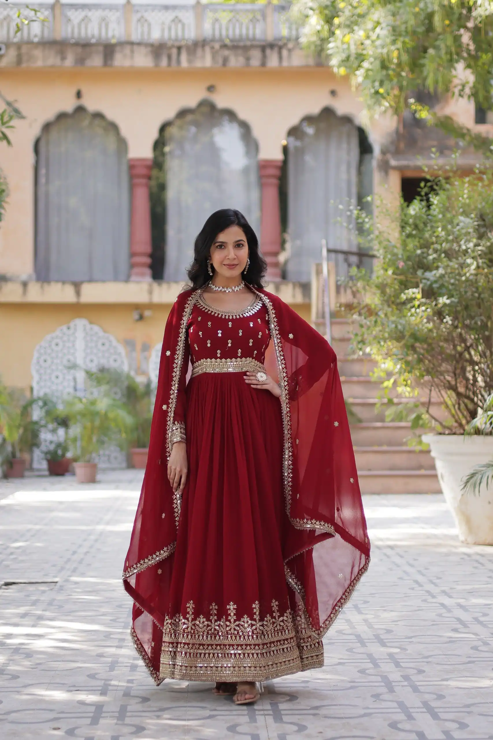 KA 1144 Maroon Faux Blooming Gown with Embroidery Work & Zari Work. Exclusive Offer ₹2449. Delivery 4-6 Working Days. Shop now. | Bollywood Gowns, Creative Gowns, Designer Gowns, Embroidered Gowns, Gowns, Party Wear Gowns