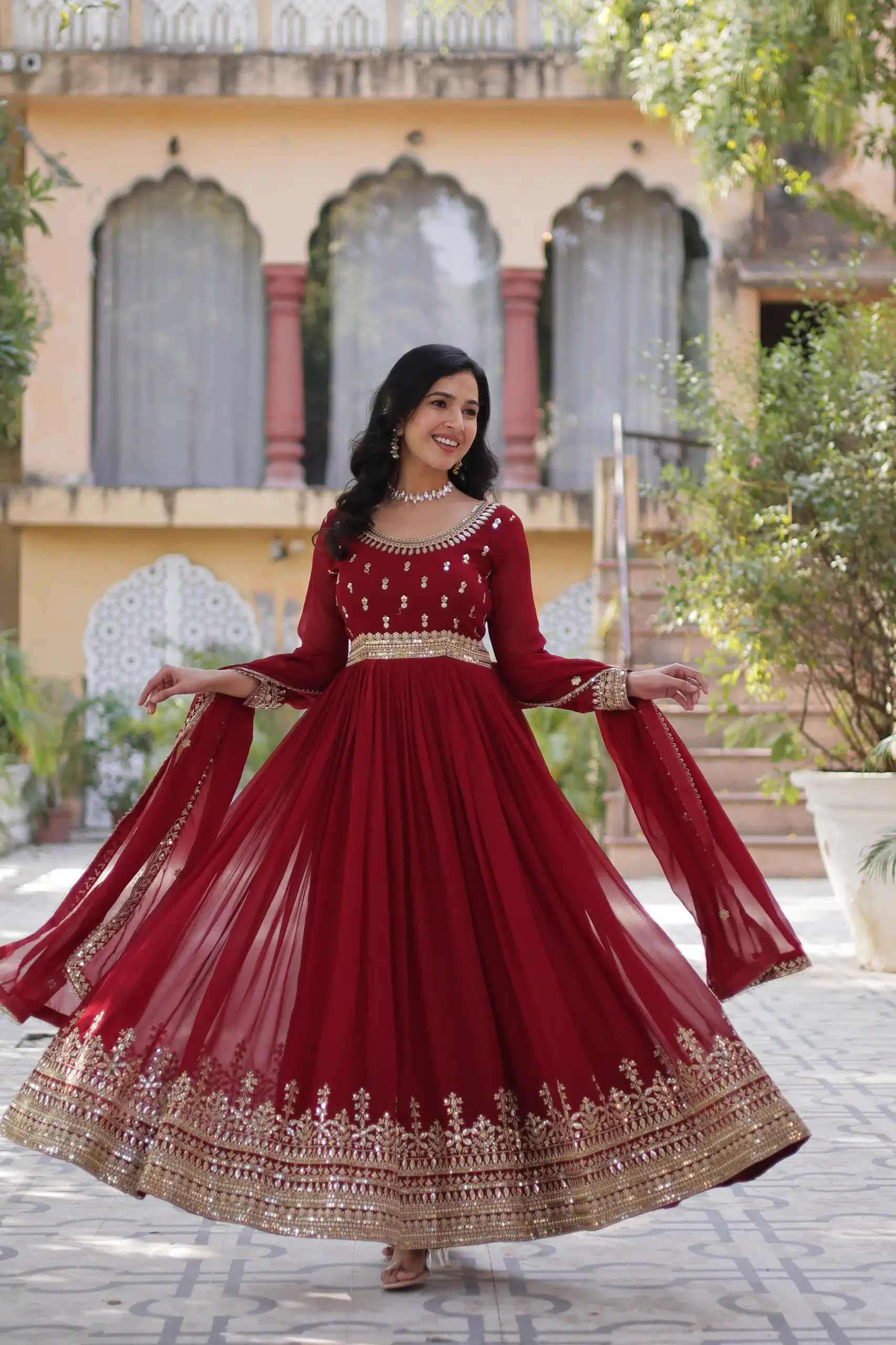 KA 1144 Maroon Faux Blooming Gown with Embroidery Work & Zari Work. Exclusive Offer ₹2449. Delivery 4-6 Working Days. Shop now. | Bollywood Gowns, Creative Gowns, Designer Gowns, Embroidered Gowns, Gowns, Party Wear Gowns