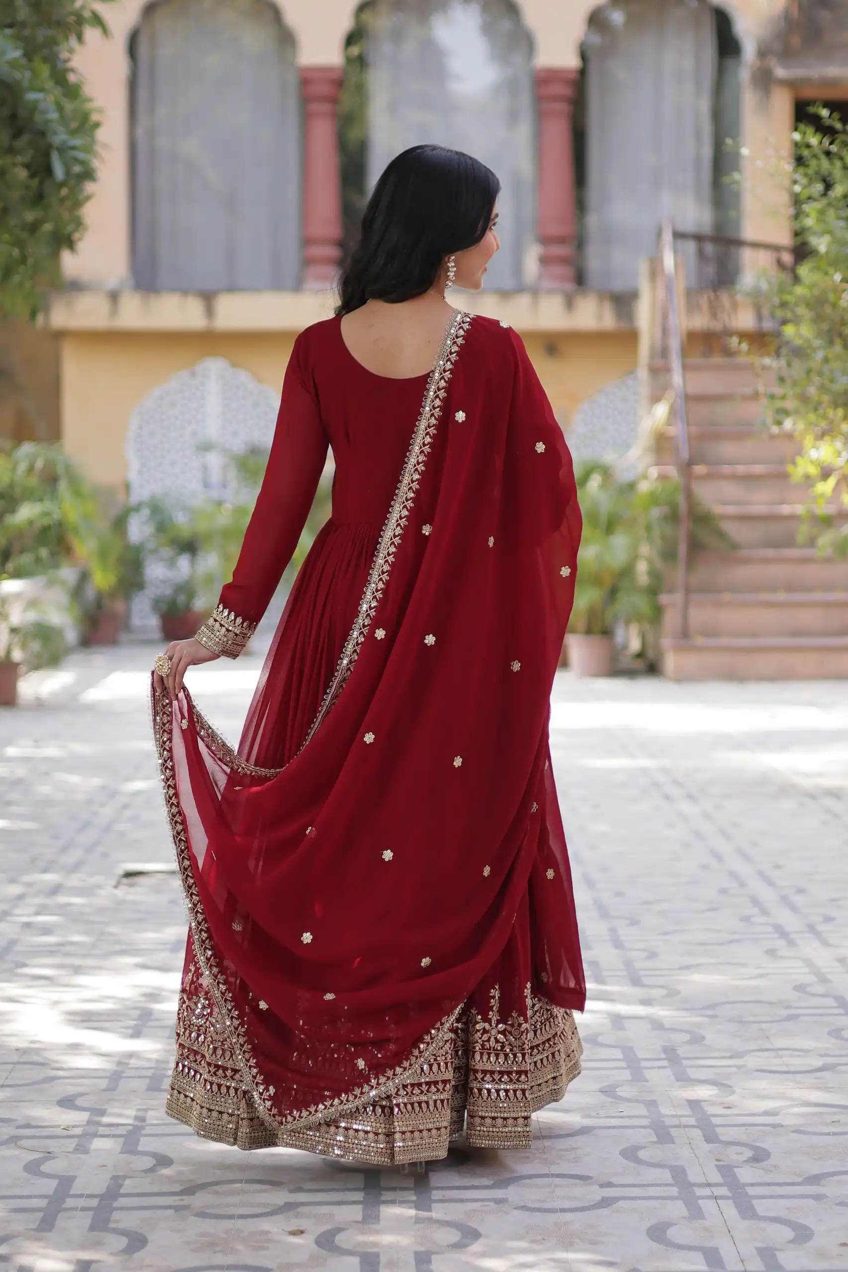 KA 1144 Maroon Faux Blooming Gown with Embroidery Work & Zari Work. Exclusive Offer ₹2449. Delivery 4-6 Working Days. Shop now. | Bollywood Gowns, Creative Gowns, Designer Gowns, Embroidered Gowns, Gowns, Party Wear Gowns