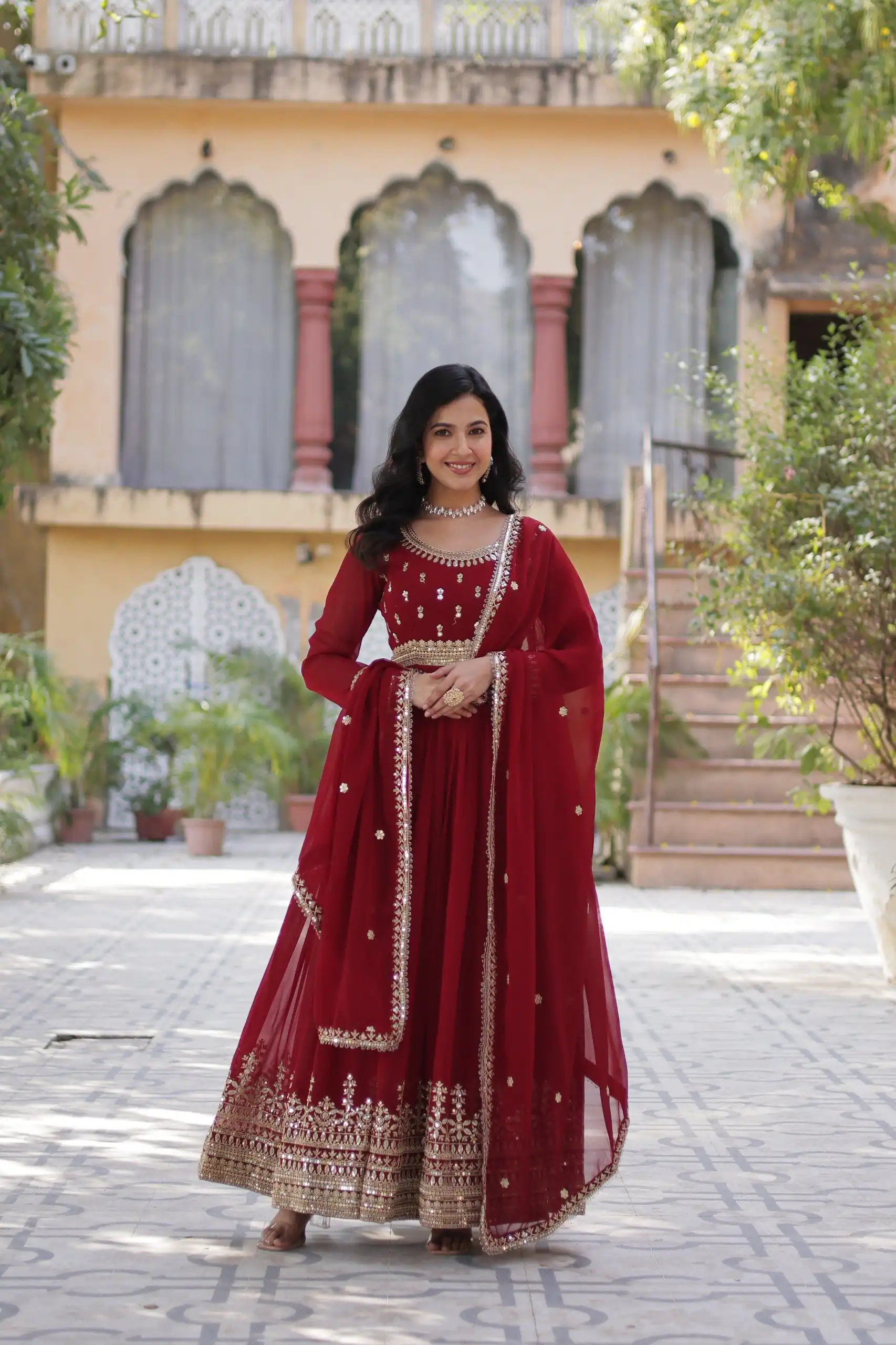 KA 1144 Maroon Faux Blooming Gown with Embroidery Work & Zari Work. Exclusive Offer ₹2449. Delivery 4-6 Working Days. Shop now. | Bollywood Gowns, Creative Gowns, Designer Gowns, Embroidered Gowns, Gowns, Party Wear Gowns