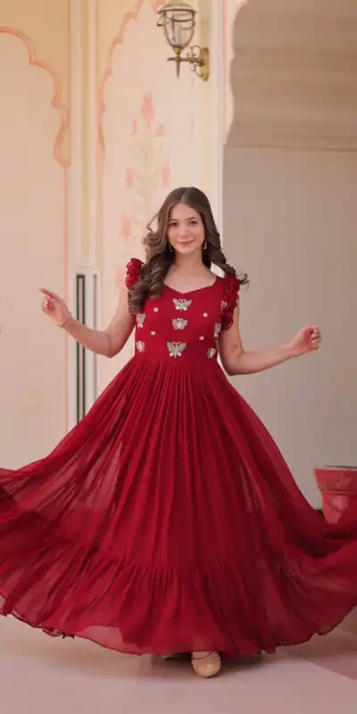 KA 1174 Maroon Faux Blooming Gown Perfect for Wedding, Party, Housewarming, Baby Shower, Raksha Bandhan – . Now at just ₹1699. Delivery 4-6 Working Dasy | Bollywood Gowns, Creative Gowns, Designer Gowns, Embroidered Gowns, Gowns, Party Wear Gowns