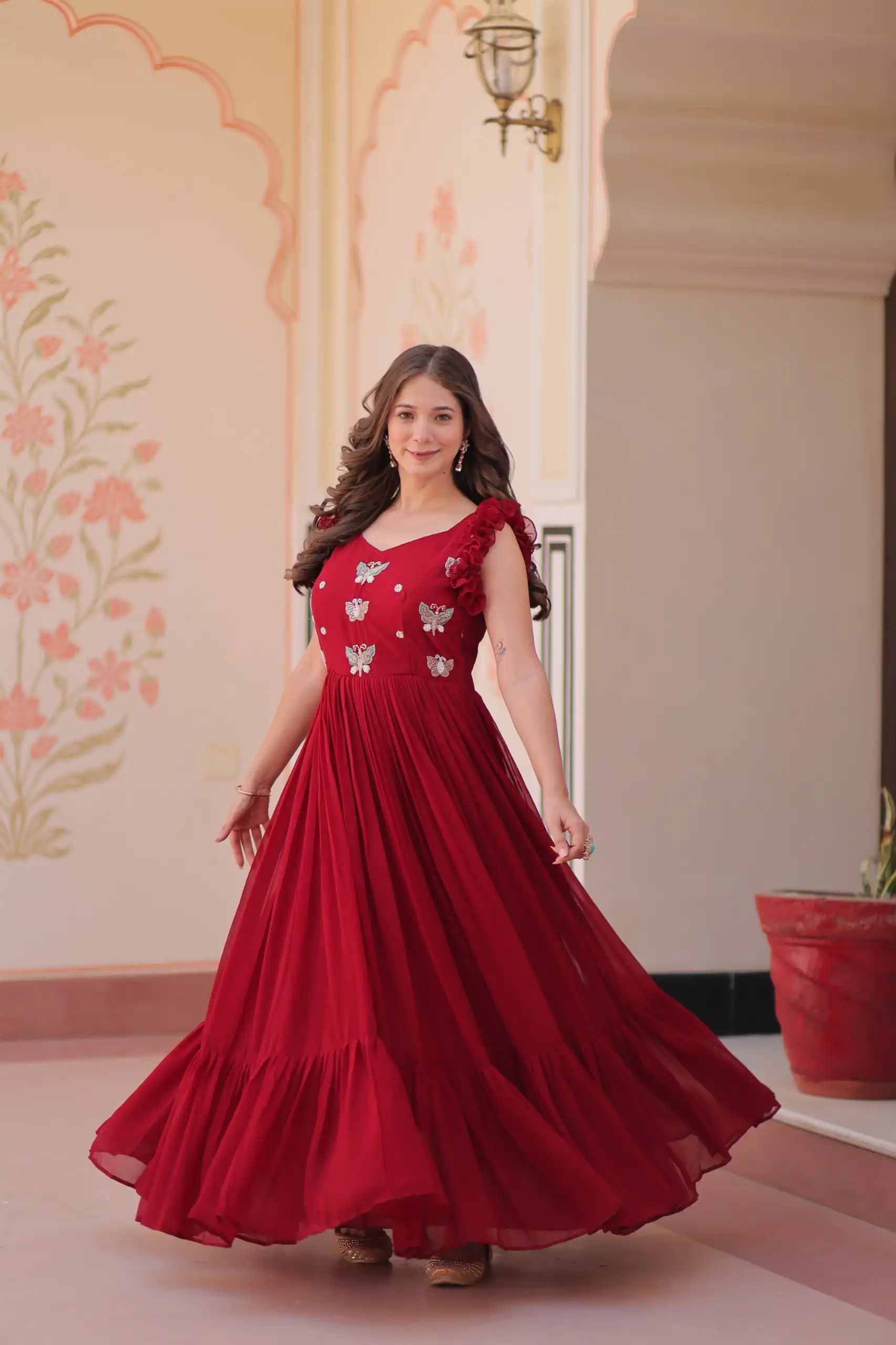 KA 1174 Maroon Faux Blooming Gown Perfect for Wedding, Party, Housewarming, Baby Shower, Raksha Bandhan – . Now at just ₹1699. Delivery 4-6 Working Dasy | Bollywood Gowns, Creative Gowns, Designer Gowns, Embroidered Gowns, Gowns, Party Wear Gowns