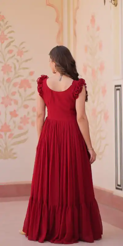 KA 1174 Maroon Faux Blooming Gown Perfect for Wedding, Party, Housewarming, Baby Shower, Raksha Bandhan – . Now at just ₹1699. Delivery 4-6 Working Dasy | Bollywood Gowns, Creative Gowns, Designer Gowns, Embroidered Gowns, Gowns, Party Wear Gowns