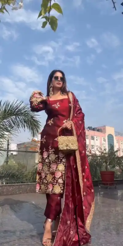 NSR 881 Maroon Organza Poly Silk Salwar Suit with Embroidery Work & Lace Work. Introductory Price ₹209. Delivery 4-6 Working Days. Shop now. | Casual Suits, Jump Suits, Creative suits, Designer Suits, Palazzo Suits, Party Wear Suits, Patiala Suits, Salwar suit, Straight Suits