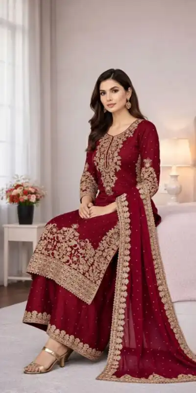 SSR 535 Maroon in Organza Silk Embroidery Work Salwar Suit . Available at ₹2399 only. Delivery 4-6 Working Days. Shop now. | Casual Suits, Jump Suits, Tops & Bottoms, Track Suits, Trendy Wear, Creative suits, Designer Suits, Palazzo Suits, Party Wear Suits, Patiala Suits, Salwar suit, Straight Suits