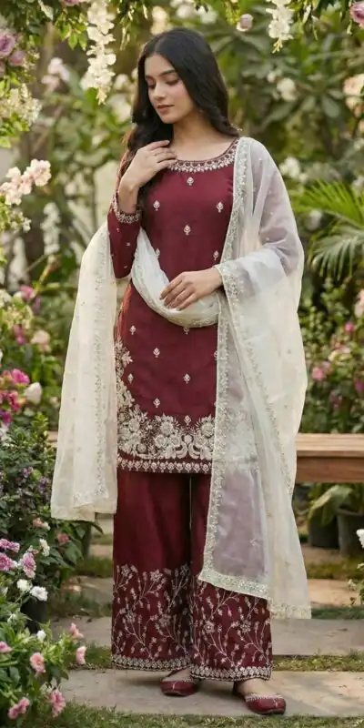 Maroon Organza Silk Salwar Suit ZSR 3157 Maroon with Lace Work & Embroidery Work. Introductory Price ₹2149. Delivery 4-6 Working Days. Shop now. | Casual Suits, Jump Suits, Tops & Bottoms, Track Suits, Trendy Wear, Creative suits, Designer Suits, Palazzo Suits, Party Wear Suits, Patiala Suits, Salwar suit, Straight Suits