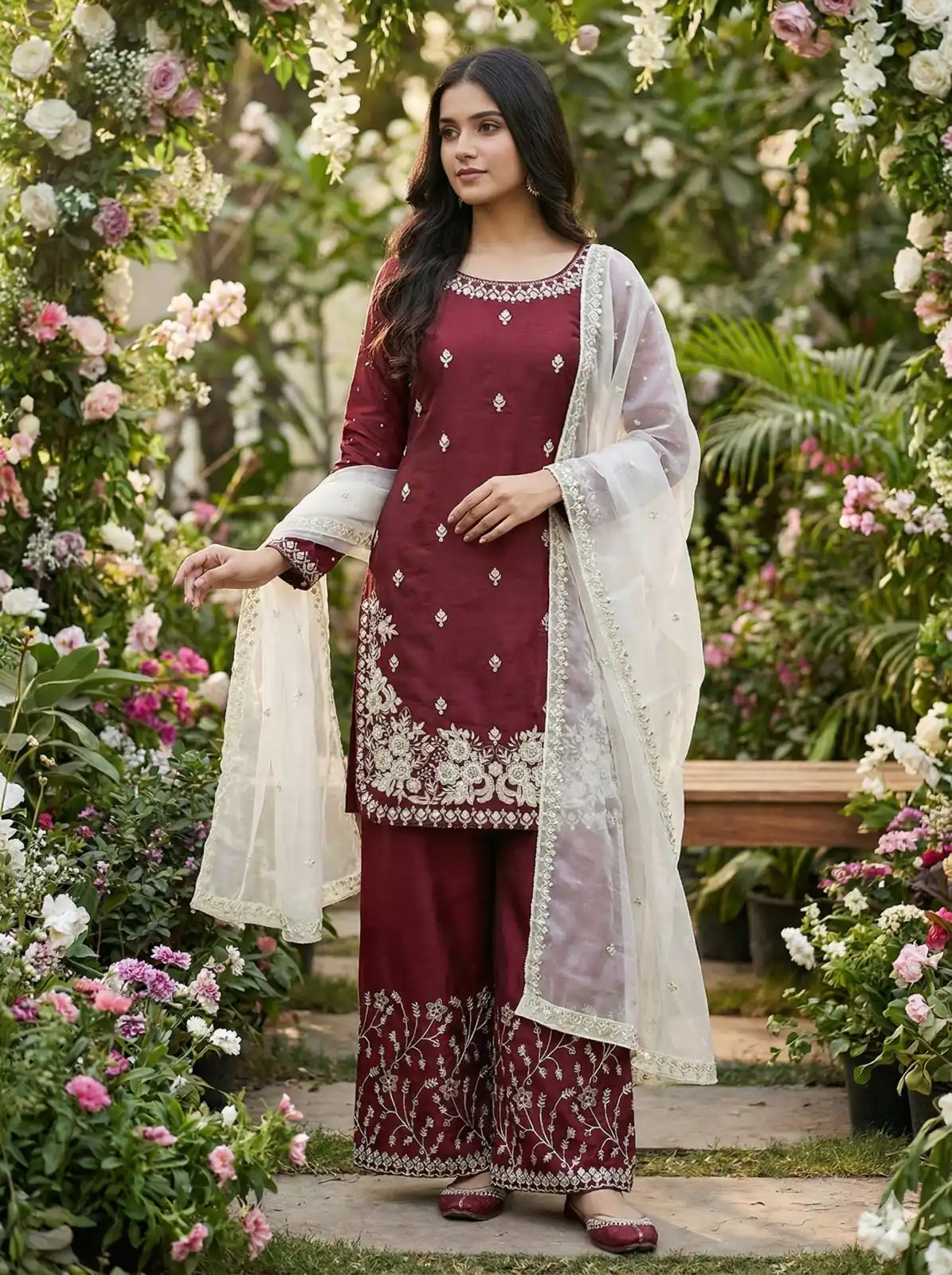 Maroon Organza Silk Salwar Suit ZSR 3157 Maroon with Lace Work & Embroidery Work. Introductory Price ₹2149. Delivery 4-6 Working Days. Shop now. | Casual Suits, Jump Suits, Tops & Bottoms, Track Suits, Trendy Wear, Creative suits, Designer Suits, Palazzo Suits, Party Wear Suits, Patiala Suits, Salwar suit, Straight Suits