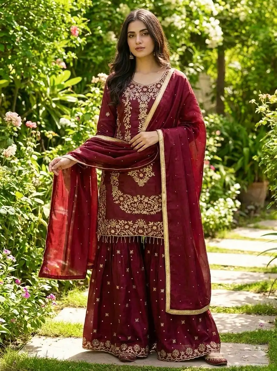 NSR 882 Maroon Organza Silk Salwar Suit Perfect for Wedding, Party, Durga Puja, Bridal Wear, Pooja – . Special Price ₹2099. Delivery 4-6 Working Days | Casual Suits, Jump Suits, Tops & Bottoms, Track Suits, Trendy Wear, Creative suits, Designer Suits, Palazzo Suits, Party Wear Suits, Patiala Suits, Salwar suit, Straight Suits