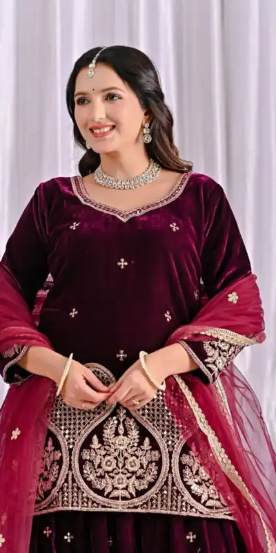 ND 5054 Maroon Embroidery Work Salwar Suit in Maroon Viscous Velvet. Available at ₹2449 only. Delivery 4-6 Working Days. Shop now. | Casual Suits, Jump Suits, Tops & Bottoms, Track Suits, Trendy Wear, Creative suits, Designer Suits, Palazzo Suits, Party Wear Suits, Patiala Suits, Salwar suit, Straight Suits