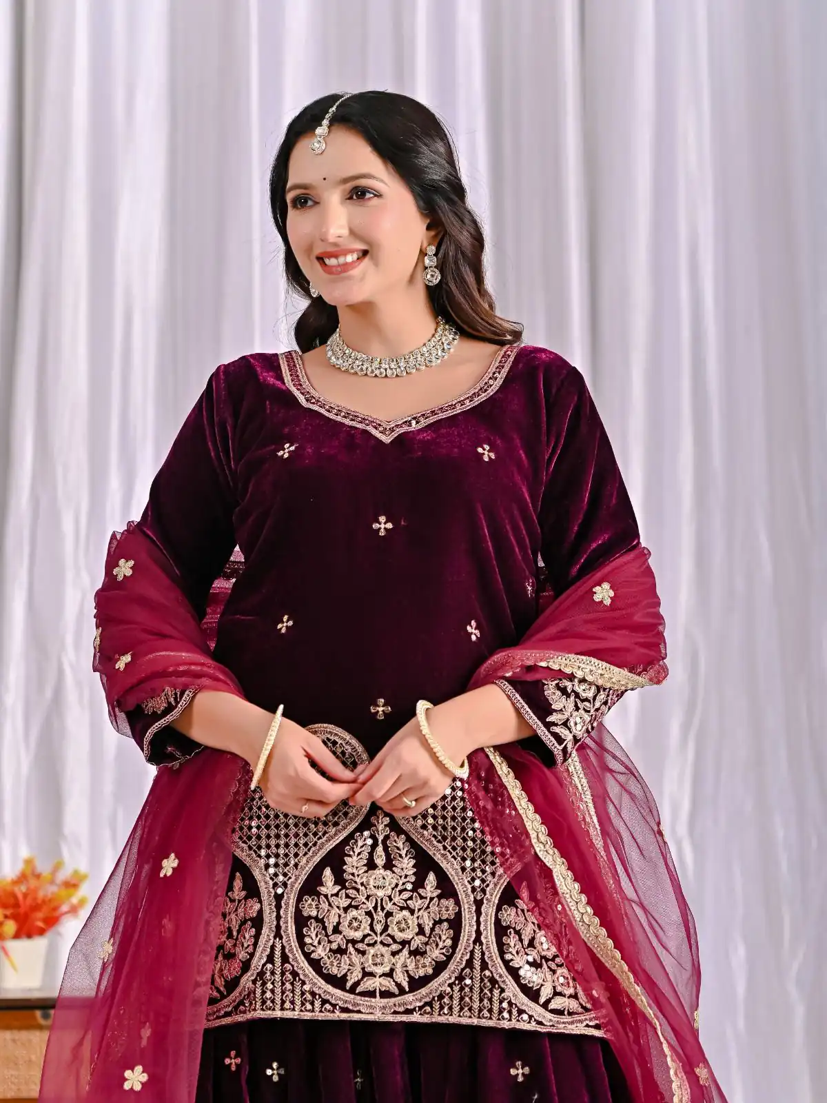 ND 5054 Maroon Embroidery Work Salwar Suit in Maroon Viscous Velvet. Available at ₹2449 only. Delivery 4-6 Working Days. Shop now. | Casual Suits, Jump Suits, Tops & Bottoms, Track Suits, Trendy Wear, Creative suits, Designer Suits, Palazzo Suits, Party Wear Suits, Patiala Suits, Salwar suit, Straight Suits