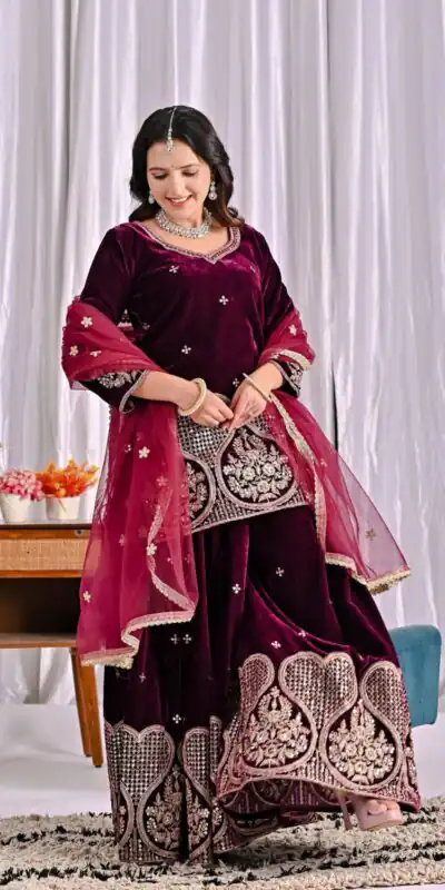 ND 5054 Maroon Embroidery Work Salwar Suit in Maroon Viscous Velvet. Available at ₹2449 only. Delivery 4-6 Working Days. Shop now. | Casual Suits, Jump Suits, Tops & Bottoms, Track Suits, Trendy Wear, Creative suits, Designer Suits, Palazzo Suits, Party Wear Suits, Patiala Suits, Salwar suit, Straight Suits