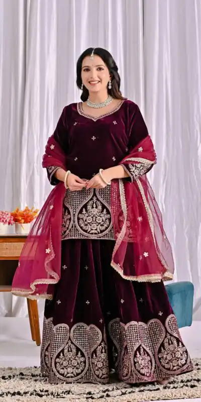 ND 5054 Maroon Embroidery Work Salwar Suit in Maroon Viscous Velvet. Available at ₹2449 only. Delivery 4-6 Working Days. Shop now. | Casual Suits, Jump Suits, Tops & Bottoms, Track Suits, Trendy Wear, Creative suits, Designer Suits, Palazzo Suits, Party Wear Suits, Patiala Suits, Salwar suit, Straight Suits