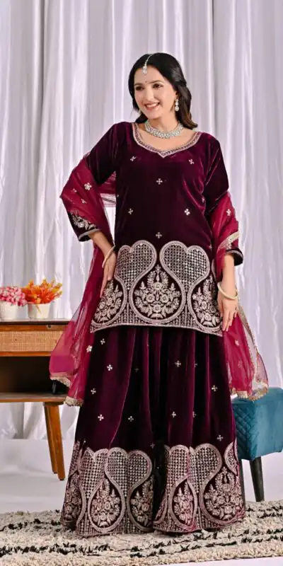 ND 5054 Maroon Embroidery Work Salwar Suit in Maroon Viscous Velvet. Available at ₹2449 only. Delivery 4-6 Working Days. Shop now. | Casual Suits, Jump Suits, Tops & Bottoms, Track Suits, Trendy Wear, Creative suits, Designer Suits, Palazzo Suits, Party Wear Suits, Patiala Suits, Salwar suit, Straight Suits