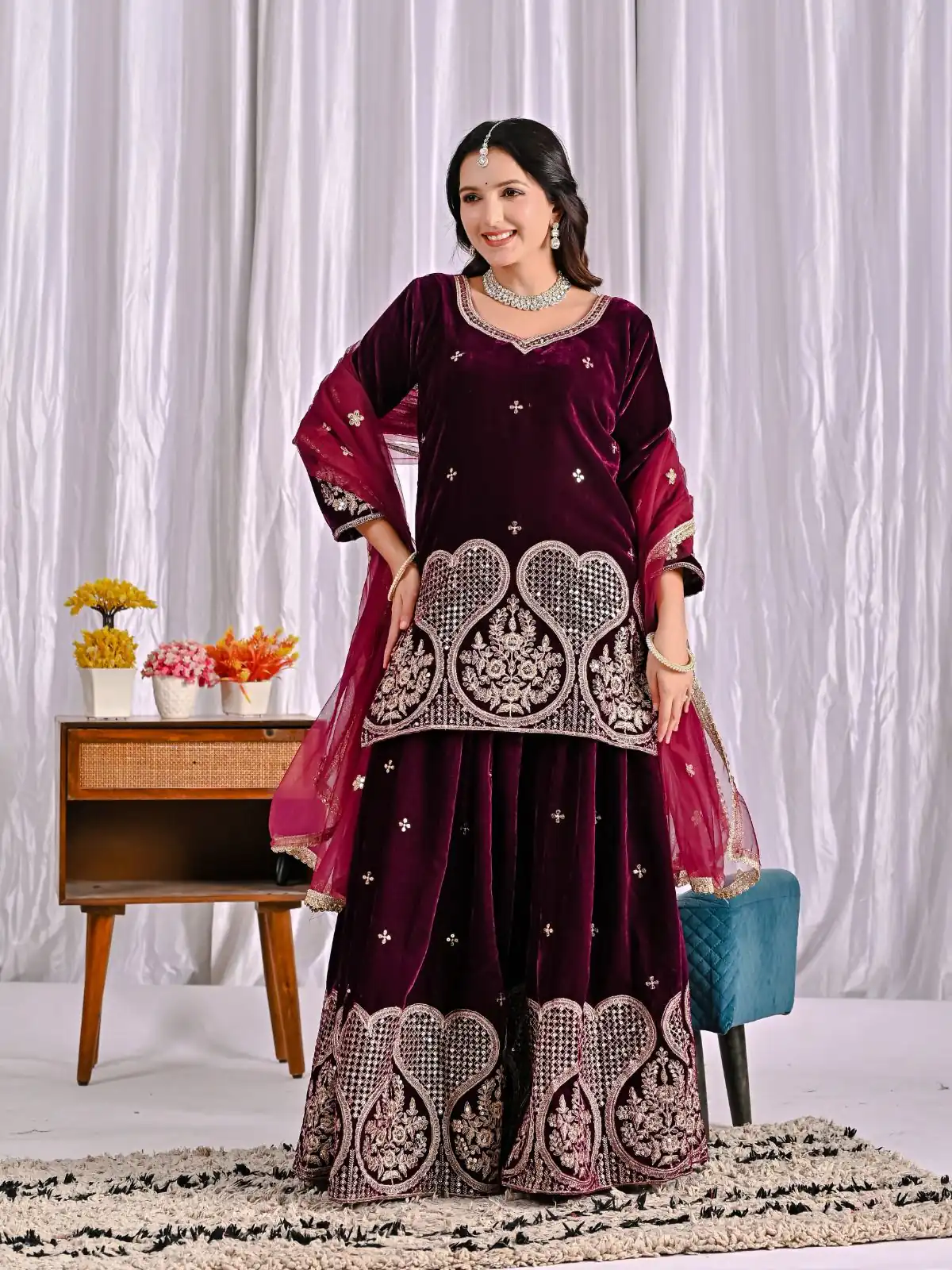 ND 5054 Maroon Embroidery Work Salwar Suit in Maroon Viscous Velvet. Available at ₹2449 only. Delivery 4-6 Working Days. Shop now. | Casual Suits, Jump Suits, Tops & Bottoms, Track Suits, Trendy Wear, Creative suits, Designer Suits, Palazzo Suits, Party Wear Suits, Patiala Suits, Salwar suit, Straight Suits