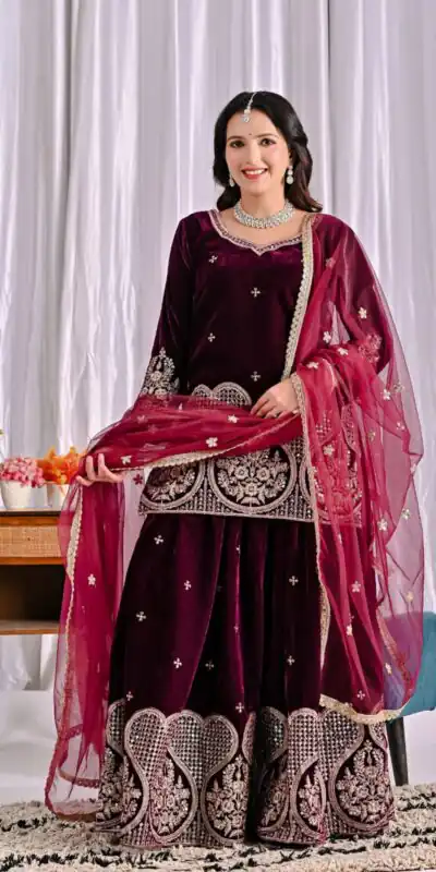 ND 5054 Maroon Embroidery Work Salwar Suit in Maroon Viscous Velvet. Available at ₹2449 only. Delivery 4-6 Working Days. Shop now. | Casual Suits, Jump Suits, Tops & Bottoms, Track Suits, Trendy Wear, Creative suits, Designer Suits, Palazzo Suits, Party Wear Suits, Patiala Suits, Salwar suit, Straight Suits