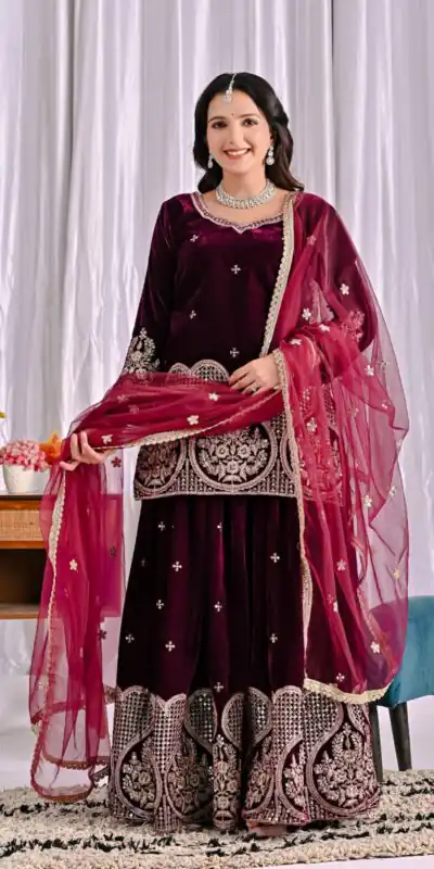 ND 5054 Maroon Embroidery Work Salwar Suit in Maroon Viscous Velvet. Available at ₹2449 only. Delivery 4-6 Working Days. Shop now. | Casual Suits, Jump Suits, Tops & Bottoms, Track Suits, Trendy Wear, Creative suits, Designer Suits, Palazzo Suits, Party Wear Suits, Patiala Suits, Salwar suit, Straight Suits