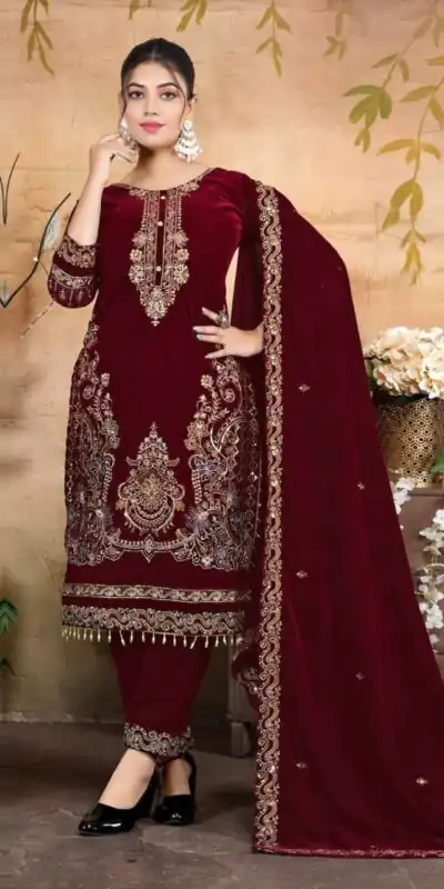 FC 1198 Maroon Velvet Salwar Suit with Embroidery Work & Lace Work. Festive Deal ₹2549. Delivery 4-6 Working Days. Shop now. | Casual Suits, Jump Suits, Tops & Bottoms, Track Suits, Trendy Wear, Creative suits, Designer Suits, Palazzo Suits, Party Wear Suits, Patiala Suits, Salwar suit, Straight Suits