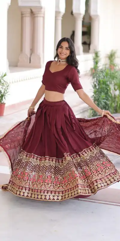 KA 5051 Maroon in Vichitra Silk Embroidery Work & Sequins Work Lehenga Choli . Now at just ₹2499. Delivery 4-6 Working Days. Shop now. | Bollywood Lehenga, Creative Lehenga, Designer Lehenga, Embroidered Lehenga, Lehenga, Party Wear Lehenga