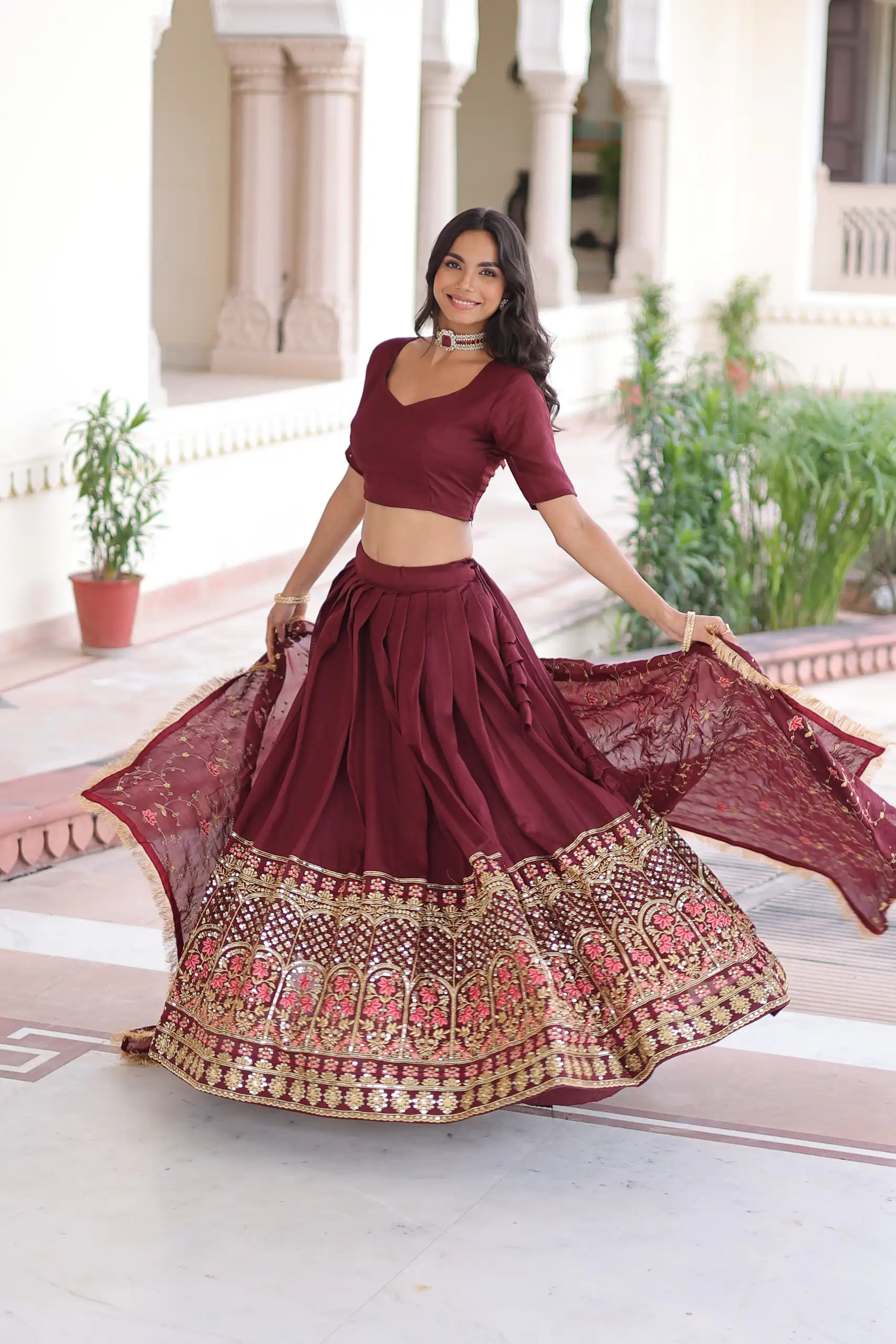 KA 5051 Maroon in Vichitra Silk Embroidery Work & Sequins Work Lehenga Choli . Now at just ₹2499. Delivery 4-6 Working Days. Shop now. | Bollywood Lehenga, Creative Lehenga, Designer Lehenga, Embroidered Lehenga, Lehenga, Party Wear Lehenga