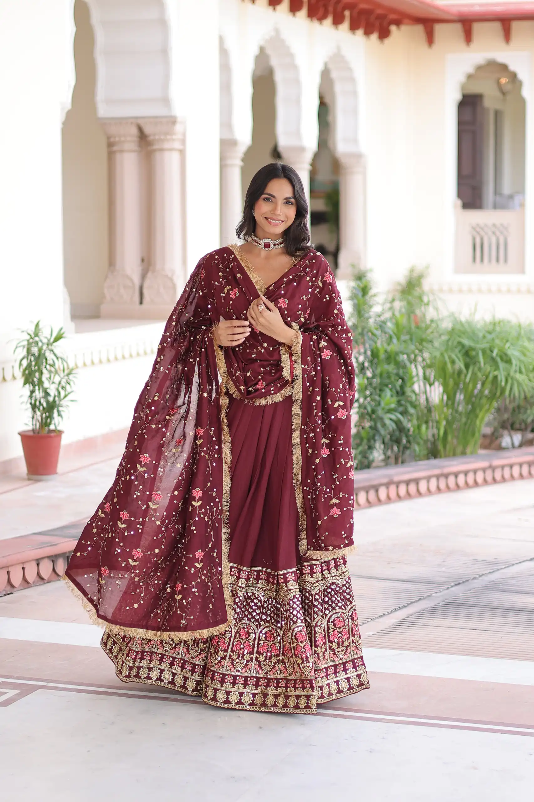 KA 5051 Maroon in Vichitra Silk Embroidery Work & Sequins Work Lehenga Choli . Now at just ₹2499. Delivery 4-6 Working Days. Shop now. | Bollywood Lehenga, Creative Lehenga, Designer Lehenga, Embroidered Lehenga, Lehenga, Party Wear Lehenga