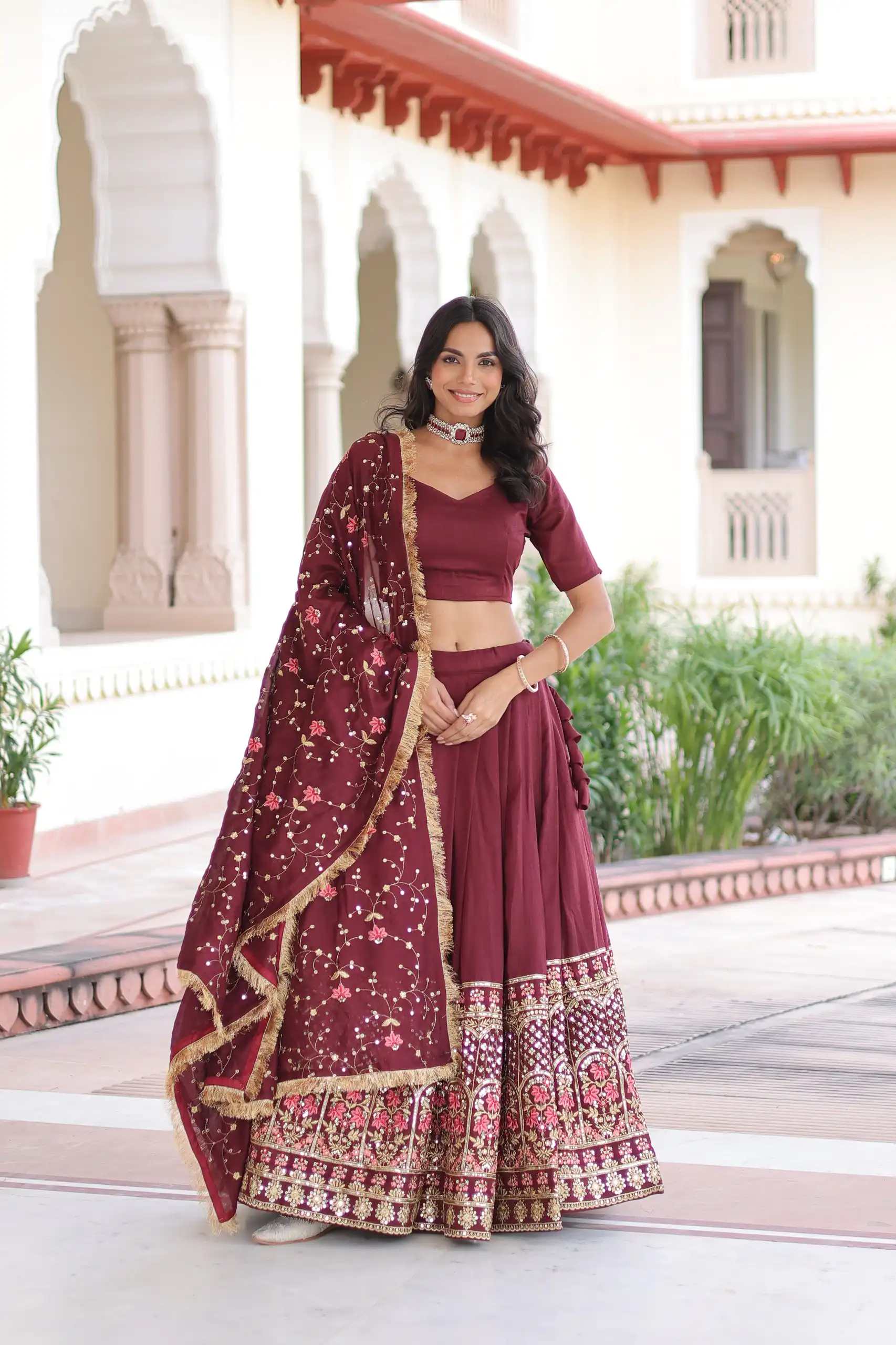 KA 5051 Maroon in Vichitra Silk Embroidery Work & Sequins Work Lehenga Choli . Now at just ₹2499. Delivery 4-6 Working Days. Shop now. | Bollywood Lehenga, Creative Lehenga, Designer Lehenga, Embroidered Lehenga, Lehenga, Party Wear Lehenga