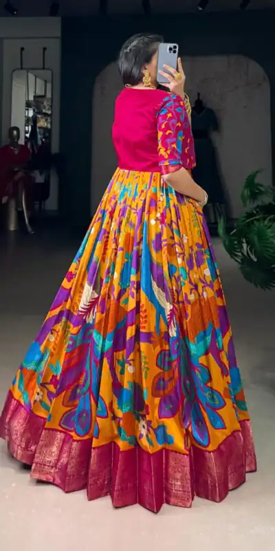 YNF 5035 Mustard in Taser Silk Zari Work & Kalamkari Print Gown . Available at ₹1799 only. Delivery 4-6 Working Days. Shop now. | Bollywood Gowns, Creative Gowns, Designer Gowns, Embroidered Gowns, Gowns, Party Wear Gowns