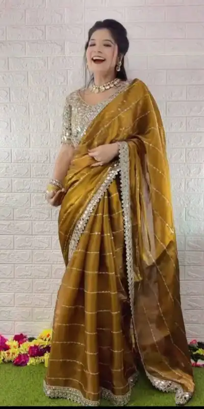 BT 413 Mustered Organza Silk Saree with Mirror Work & Embroidery Work. Introductory Price ₹1999. Delivery 4-6 Working Days. Shop now. | Creative Sarees, Embroidered Sarees, Bollywood Sarees, Designer Sarees, Ethnic Saree, Modern Digital sarees, Party Wear Sarees, Sarees