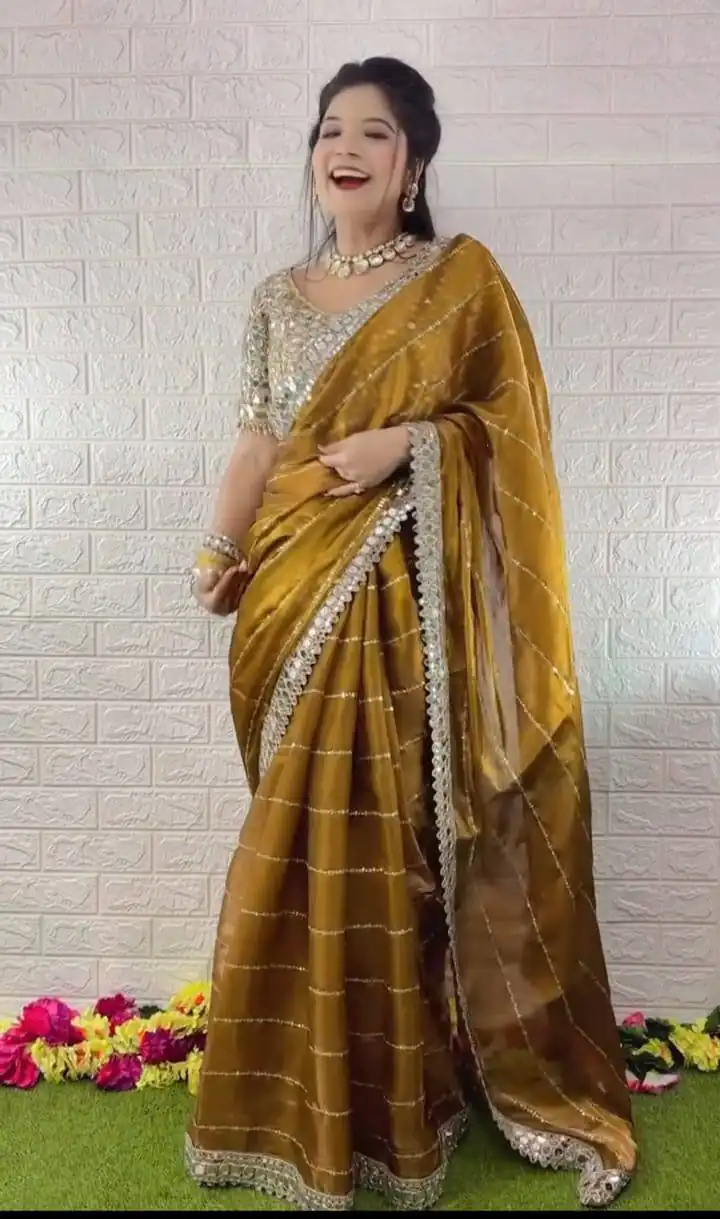 BT 413 Mustered Organza Silk Saree with Mirror Work & Embroidery Work. Introductory Price ₹1999. Delivery 4-6 Working Days. Shop now. | Creative Sarees, Embroidered Sarees, Bollywood Sarees, Designer Sarees, Ethnic Saree, Modern Digital sarees, Party Wear Sarees, Sarees