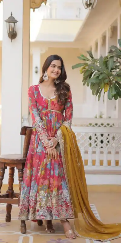 KA 1076 Mustered Russian Silk Gown Perfect for Wedding, Party, Ethnic Day, Haldi, Traditional Day – . Special Price ₹1499. Delivery 4-6 Working Day | Bollywood Gowns, Creative Gowns, Designer Gowns, Embroidered Gowns, Gowns, Party Wear Gowns