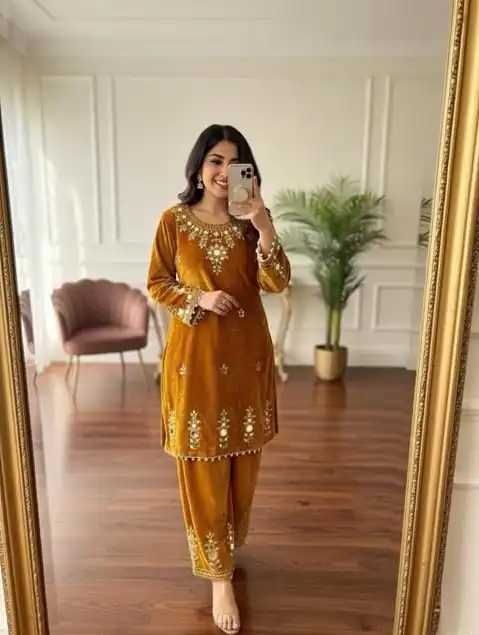 BE 423 Mustered Velvet Salwar Suit with Embroidery Work & Mirror Work. Now at just ₹1849. Delivery 4-6 Working Days. Shop now. | Casual Suits, Jump Suits, Tops & Bottoms, Track Suits, Trendy Wear, Creative suits, Designer Suits, Palazzo Suits, Party Wear Suits, Patiala Suits, Salwar suit, Straight Suits