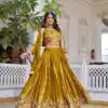 Ram 150 Mustered Color Vichitra Lehenga Choli with Embroidery Work. Grab it for ₹3049. Delivery 4-6 Working Days. Shop now. | Bollywood Lehenga, Creative Lehenga, Designer Lehenga, Embroidered Lehenga, Lehenga, Party Wear Lehenga