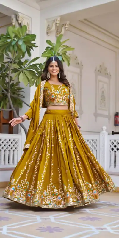 Ram 150 Mustered Color Vichitra Lehenga Choli with Embroidery Work. Grab it for ₹3049. Delivery 4-6 Working Days. Shop now. | Bollywood Lehenga, Creative Lehenga, Designer Lehenga, Embroidered Lehenga, Lehenga, Party Wear Lehenga