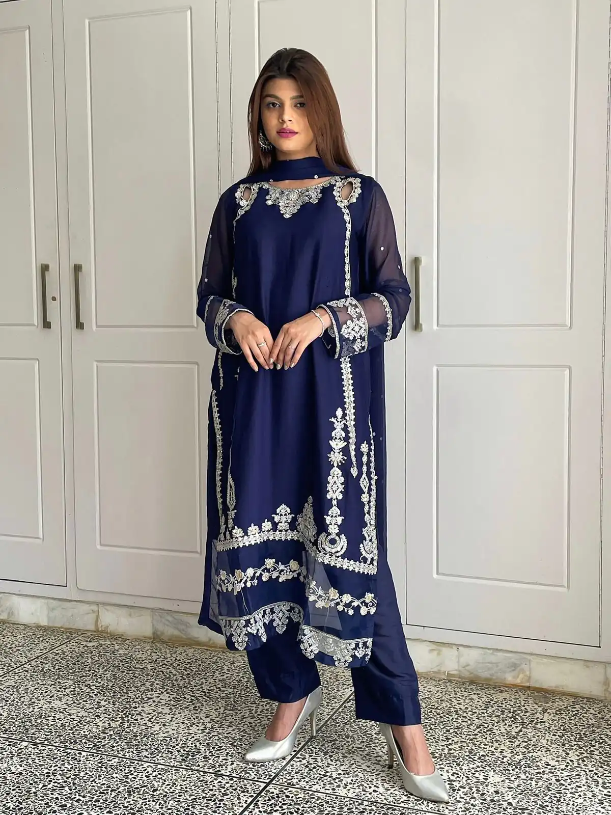 ZF 429 Navy Blue Faux Georgette Salwar Suit Perfect for Wedding, Party, Holi, Engagement, Eid – . Available at ₹1999 only. Delivery 4-6 Working Da | Casual Suits, Jump Suits, Tops & Bottoms, Track Suits, Trendy Wear, Creative suits, Designer Suits, Palazzo Suits, Party Wear Suits, Patiala Suits, Salwar suit, Straight Suits