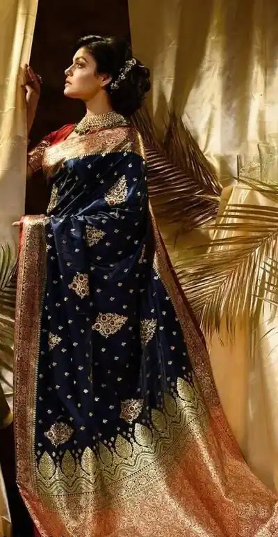 KPR 227 Navy Blue in Color Soft Lichi Silk. Lace Border & Lace Work Saree Grab it for ₹1399. Delivery 4-6 Working Days. Shop now. | Creative Sarees, Embroidered Sarees, Bollywood Sarees, Designer Sarees, Ethnic Saree, Modern Digital sarees, Party Wear Sarees, Sarees