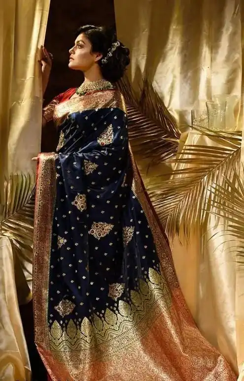 KPR 227 Navy Blue in Color Soft Lichi Silk. Lace Border & Lace Work Saree Grab it for ₹1399. Delivery 4-6 Working Days. Shop now. | Creative Sarees, Embroidered Sarees, Bollywood Sarees, Designer Sarees, Ethnic Saree, Modern Digital sarees, Party Wear Sarees, Sarees