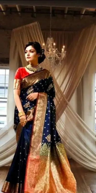 KPR 227 Navy Blue in Color Soft Lichi Silk. Lace Border & Lace Work Saree Grab it for ₹1399. Delivery 4-6 Working Days. Shop now. | Creative Sarees, Embroidered Sarees, Bollywood Sarees, Designer Sarees, Ethnic Saree, Modern Digital sarees, Party Wear Sarees, Sarees