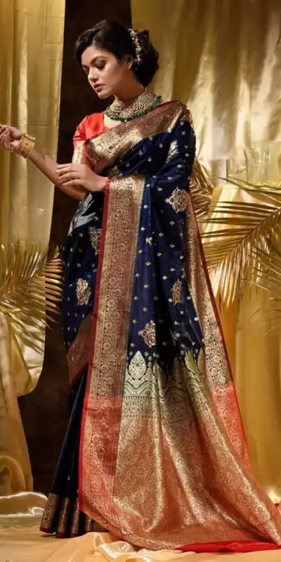 KPR 227 Navy Blue in Color Soft Lichi Silk. Lace Border & Lace Work Saree Grab it for ₹1399. Delivery 4-6 Working Days. Shop now. | Creative Sarees, Embroidered Sarees, Bollywood Sarees, Designer Sarees, Ethnic Saree, Modern Digital sarees, Party Wear Sarees, Sarees