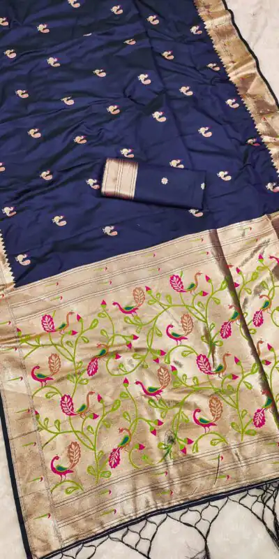 MB 389 Navy Blue Soft Paithani Silk Saree with Lace Work & Zari Work. Affordable Price ₹2049. Delivery 4-6 Working Days. Shop now. | Creative Sarees, Embroidered Sarees, Bollywood Sarees, Designer Sarees, Ethnic Saree, Modern Digital sarees, Party Wear Sarees, Sarees
