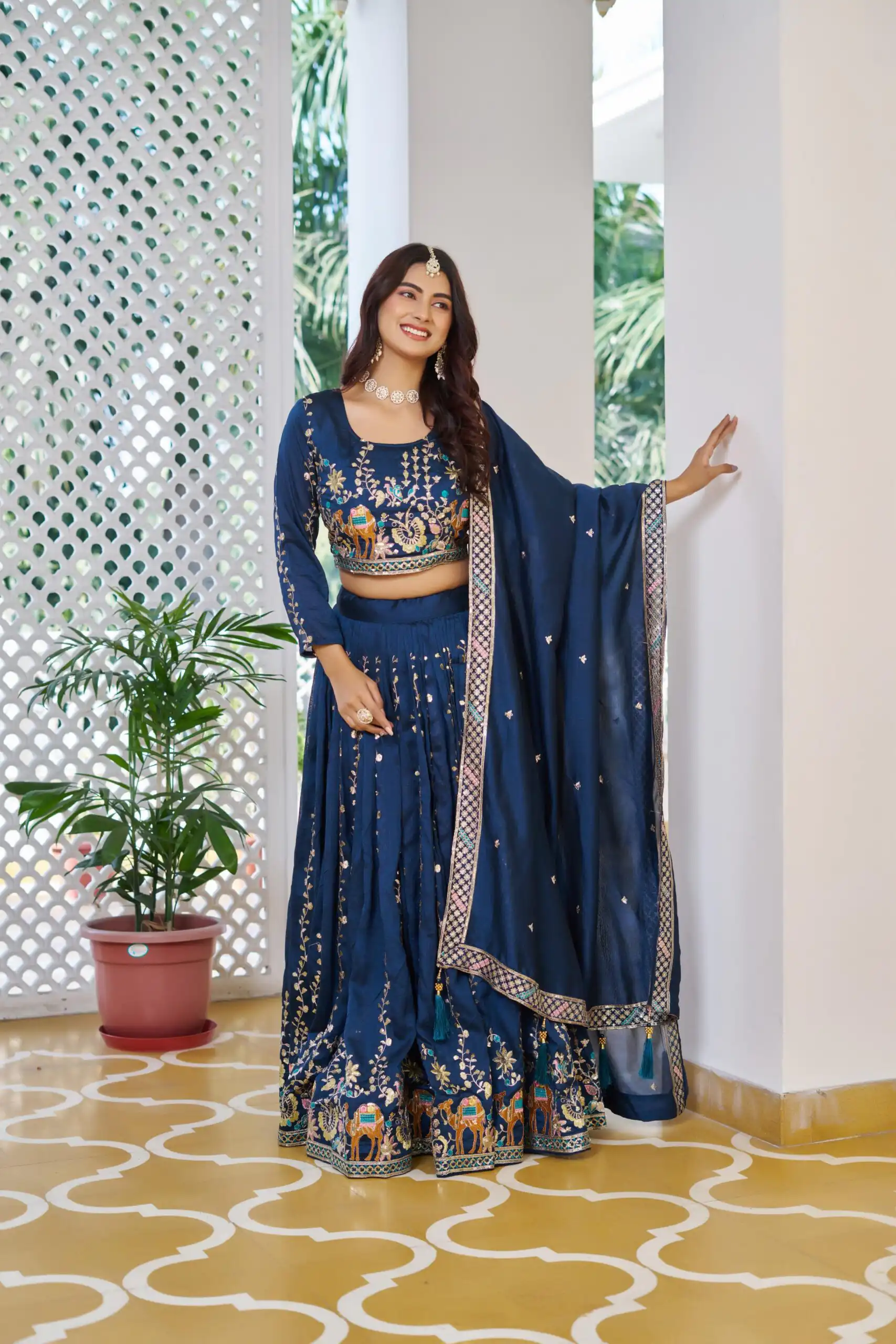 Ram 150 Navy Blue Color Vichitra Lehenga Choli with Embroidery Work. Grab it for ₹3049. Delivery 4-6 Working Days. Shop now. | Bollywood Lehenga, Creative Lehenga, Designer Lehenga, Embroidered Lehenga, Lehenga, Party Wear Lehenga