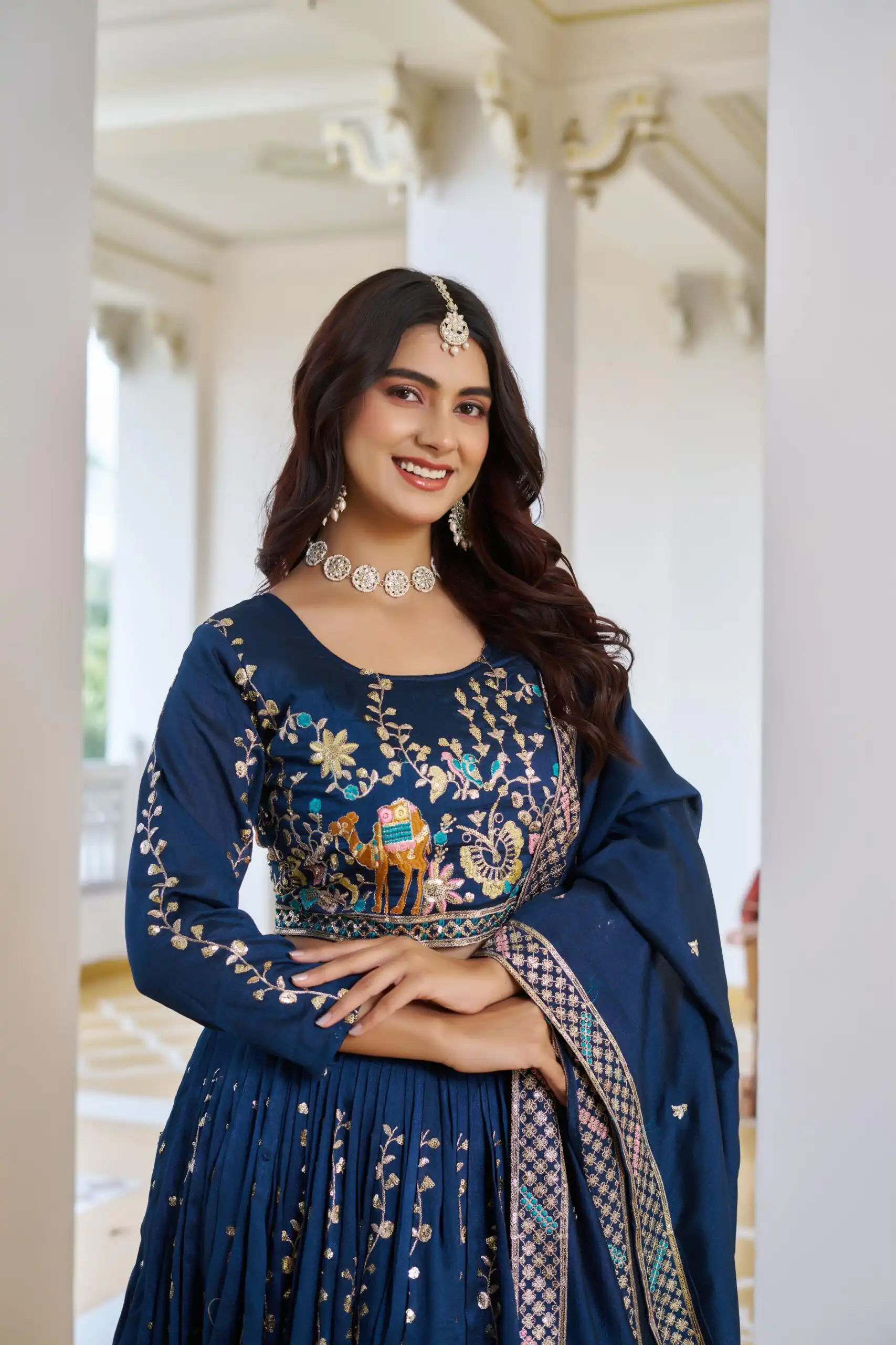Ram 150 Navy Blue Color Vichitra Lehenga Choli with Embroidery Work. Grab it for ₹3049. Delivery 4-6 Working Days. Shop now. | Bollywood Lehenga, Creative Lehenga, Designer Lehenga, Embroidered Lehenga, Lehenga, Party Wear Lehenga