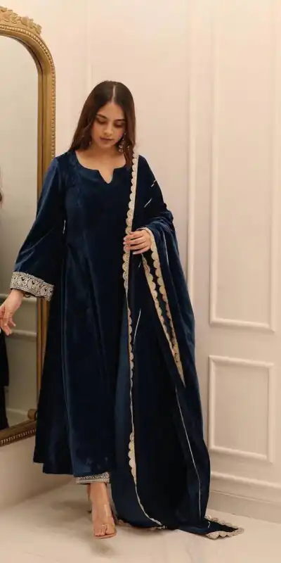 KF 1662 Navy Blue in Color Viscous Velvet Embroidery Work Gown . Exclusive Offer ₹2399. Delivery 4-6 Working Days. Shop now. | Bollywood Gowns, Creative Gowns, Designer Gowns, Embroidered Gowns, Gowns, Party Wear Gowns