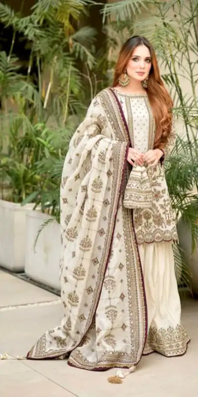 AD 213 Off White Khajuri Crush Georgette Salwar Suit with Lace Work & Embroidery Work. Festive Deal ₹2649. Delivery 4-6 Working Days. Shop now. | Casual Suits, Jump Suits, Tops & Bottoms, Track Suits, Trendy Wear, Creative suits, Designer Suits, Palazzo Suits, Party Wear Suits, Patiala Suits, Salwar suit, Straight Suits