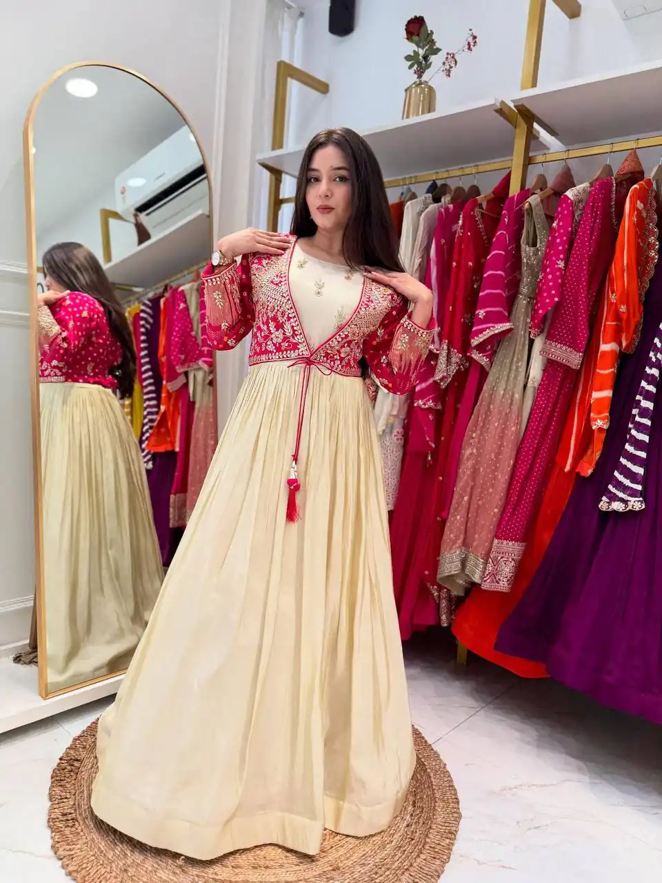 BT 5022 Off White Mono Silk Gown Perfect for Wedding, Party, Housewarming, Sangeet, Pongal – . Available at ₹2149 only. Delivery 4-6 Working Days. | Bollywood Gowns, Creative Gowns, Designer Gowns, Embroidered Gowns, Gowns, Party Wear Gowns