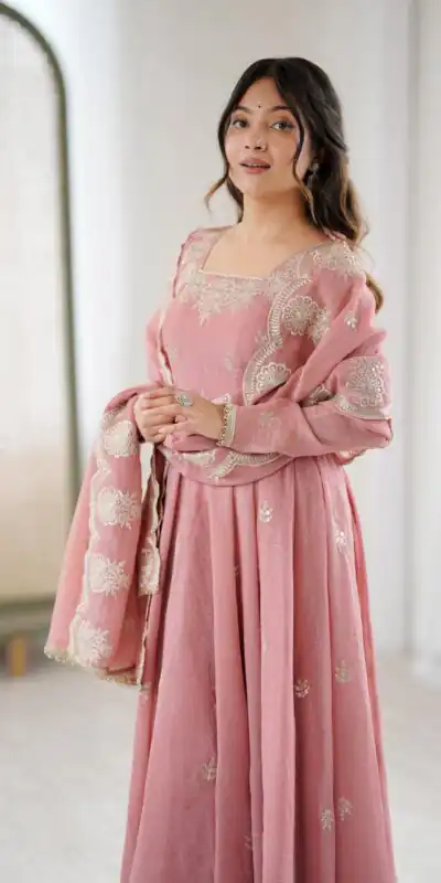 ZF 5011 Onion Crunchy Silk Gown with Embroidery Work. Wedding, Party, Festive, Events Best Price ₹2099. Delivery 4-6 Working Days. Shop now. | Bollywood Gowns, Creative Gowns, Designer Gowns, Embroidered Gowns, Gowns, Party Wear Gowns